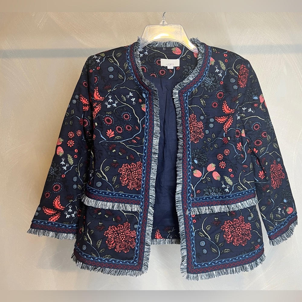 LOFT Women's Primavera Strawberry Floral Fringe Career Wear lined Blazer|Size: 2